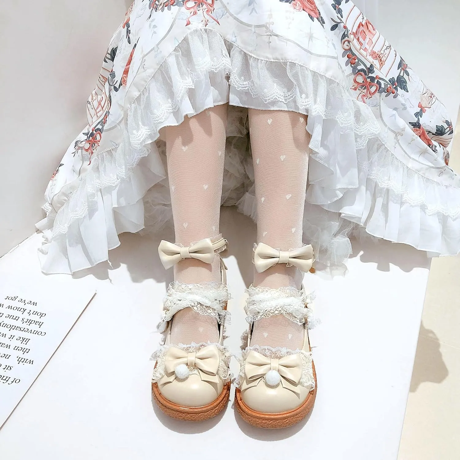 Women's Kawaii Low Wedge Heel Mary Jane Platform Lolita Shoes, Cute Round Toe Ankle Strap Buckle Mary Jane Flats, Sweet Dress Uniform Cosplay School Shoes with Bow