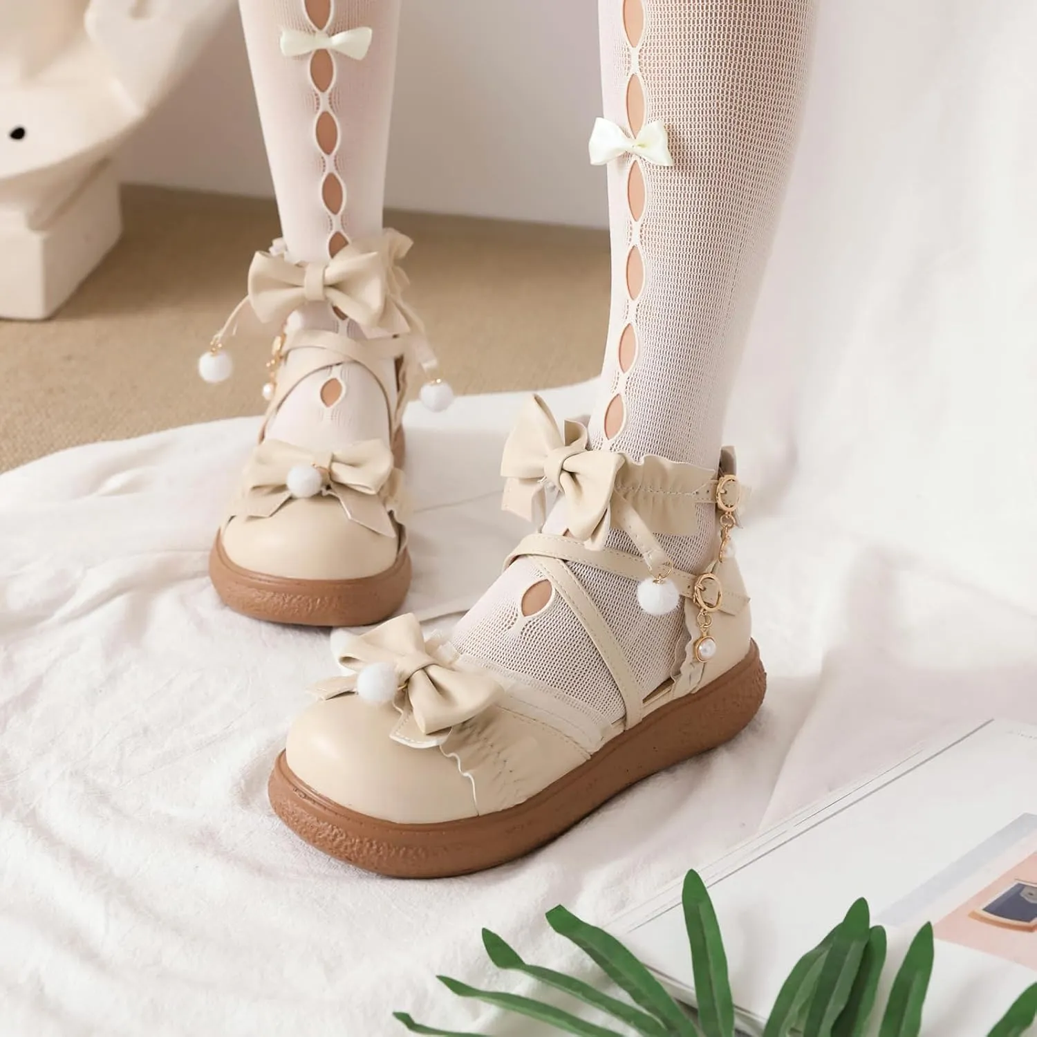 Women's Kawaii Low Wedge Heel Mary Jane Platform Lolita Shoes, Cute Round Toe Ankle Strap Buckle Mary Jane Flats, Sweet Dress Uniform Cosplay School Shoes with Bow