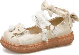 Women's Kawaii Low Wedge Heel Mary Jane Platform Lolita Shoes, Cute Round Toe Ankle Strap Buckle Mary Jane Flats, Sweet Dress Uniform Cosplay School Shoes with Bow