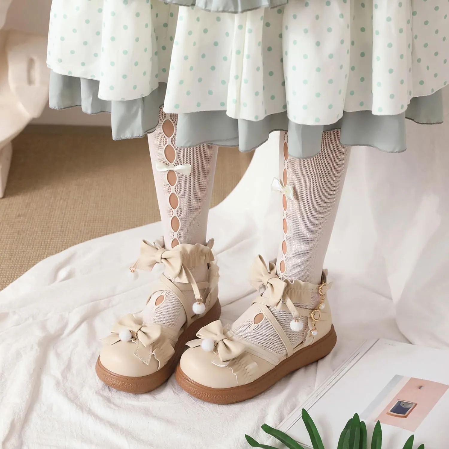 Women's Kawaii Low Wedge Heel Mary Jane Platform Lolita Shoes, Cute Round Toe Ankle Strap Buckle Mary Jane Flats, Sweet Dress Uniform Cosplay School Shoes with Bow