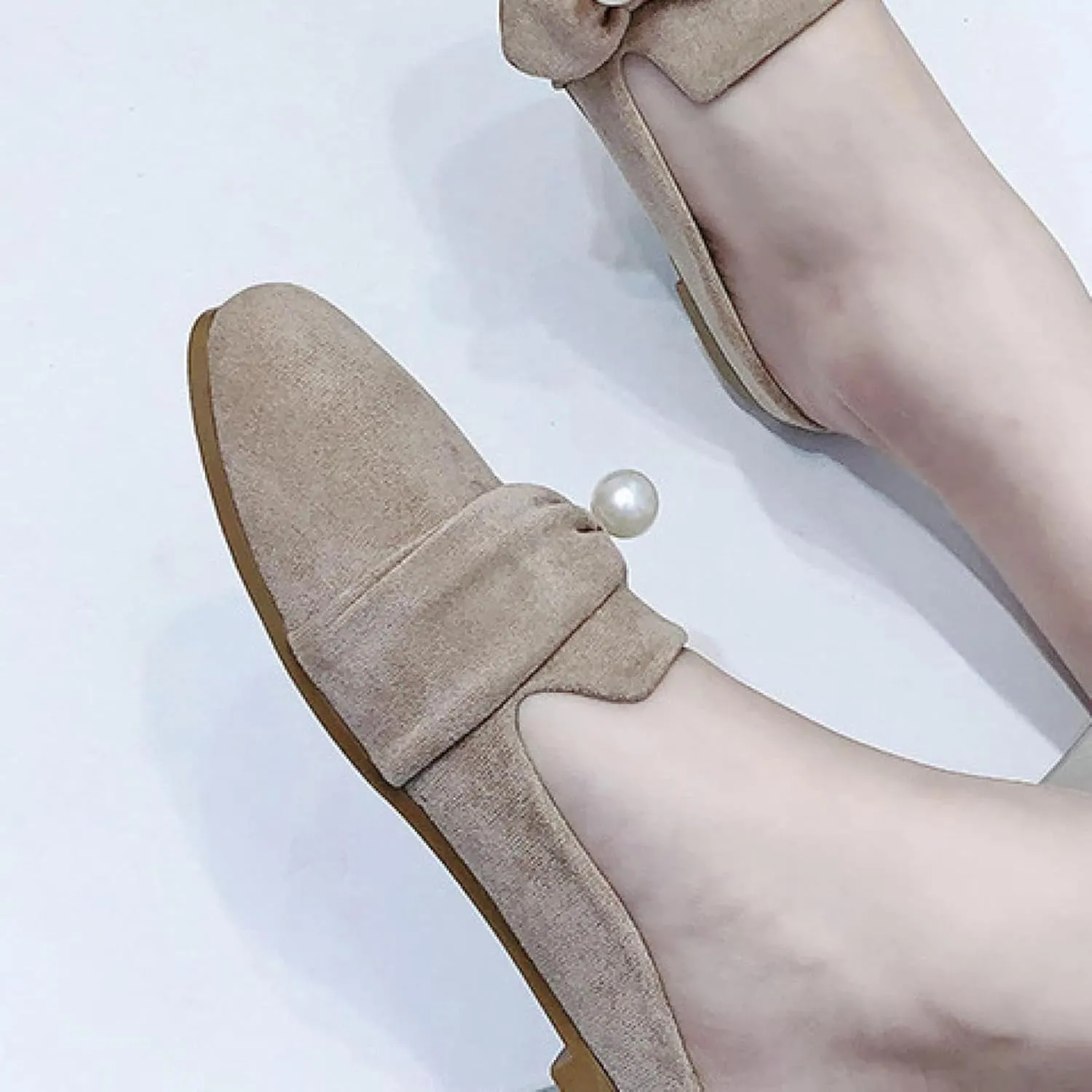 Women's Mule Pearl Decoration Square Toe Low Heel Women's Backless Loafer Work Sandals
