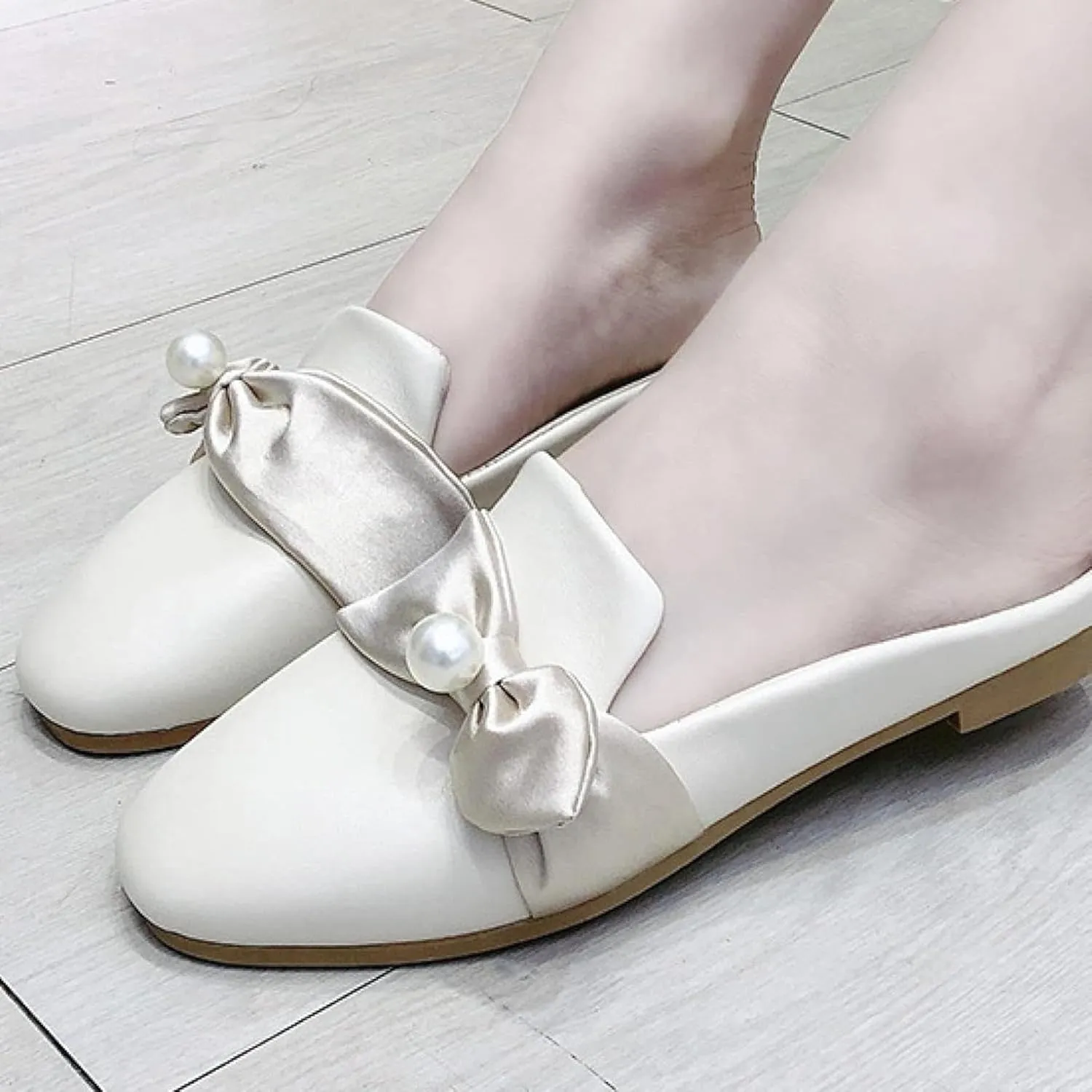Women's Mule Pearl Decoration Square Toe Low Heel Women's Backless Loafer Work Sandals
