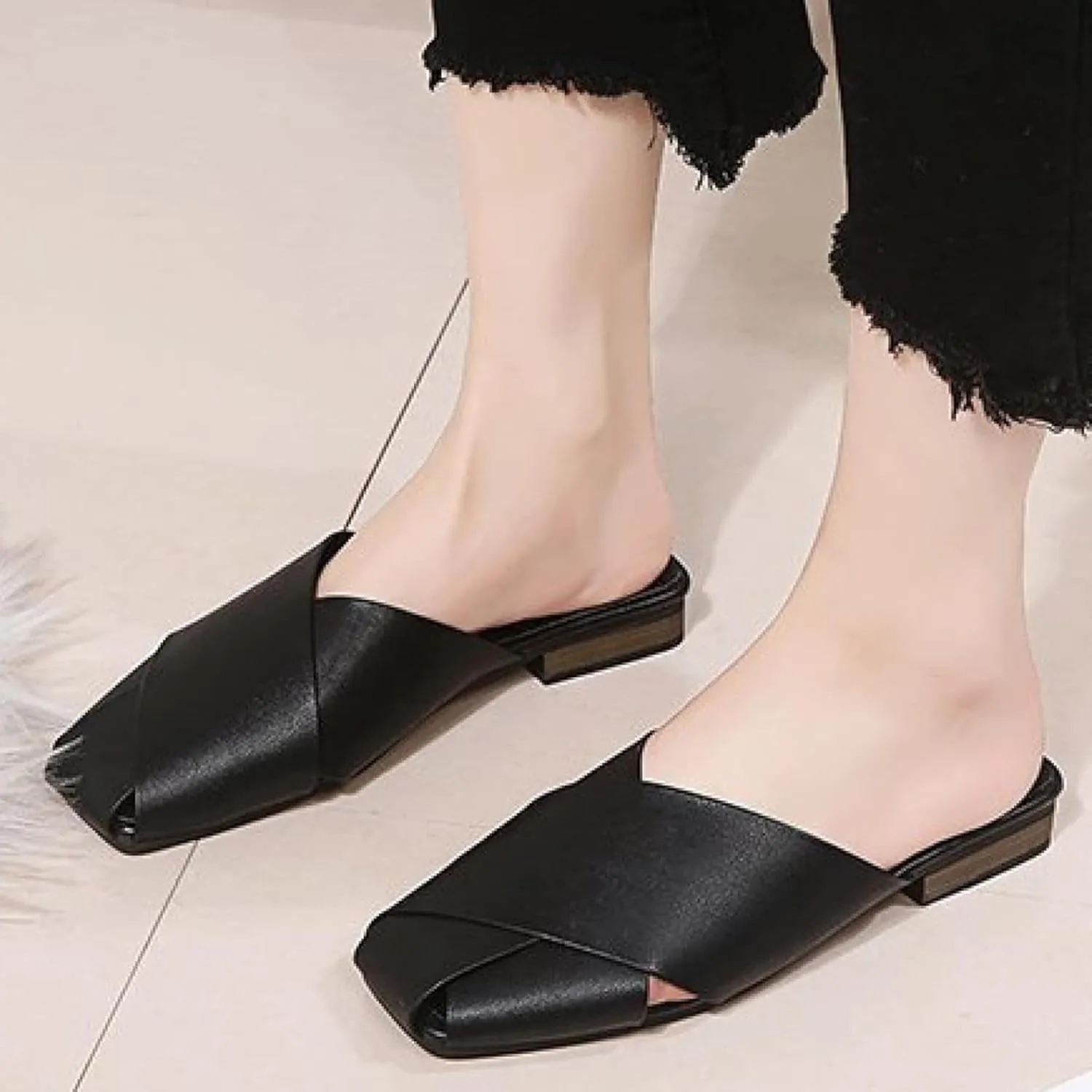 Women's Mule Shoes Split Toe Low Heel Women's Open Back Loafer Shoes Party Mule Sandals