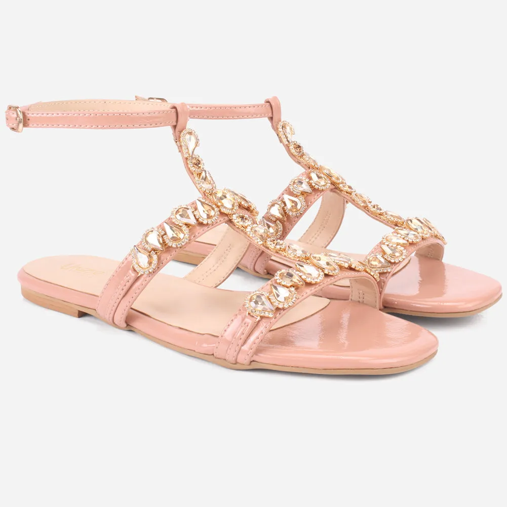 Womens "GUAZA" Embellished Ankle Strap Open Toe Sandals