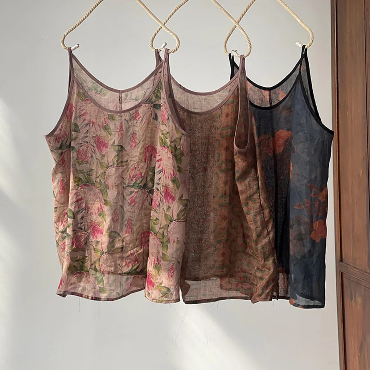 Womens Ramie Camisole Cami Floral Printed Strappy Slip Tops T-Shirt Blouse Tank Shirt