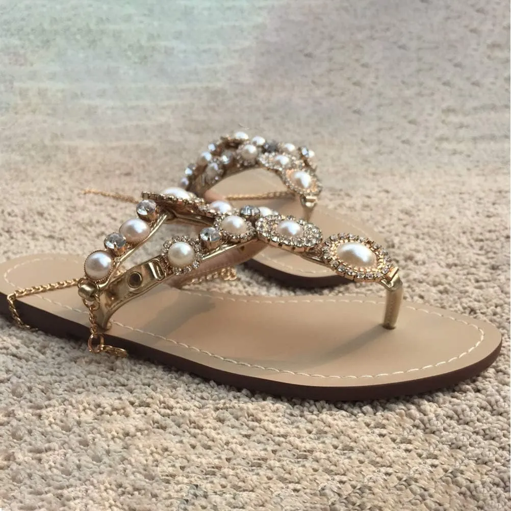 Women's Rhinestone Flat Sandals, Women Flip Flops with Clip Toe RingBeadeed Rhinestone Crystal Jeweled Sandal Shoes for Summer Beach Oceanside Holiday Outdoor