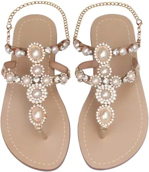 Women's Rhinestone Flat Sandals, Women Flip Flops with Clip Toe RingBeadeed Rhinestone Crystal Jeweled Sandal Shoes for Summer Beach Oceanside Holiday Outdoor