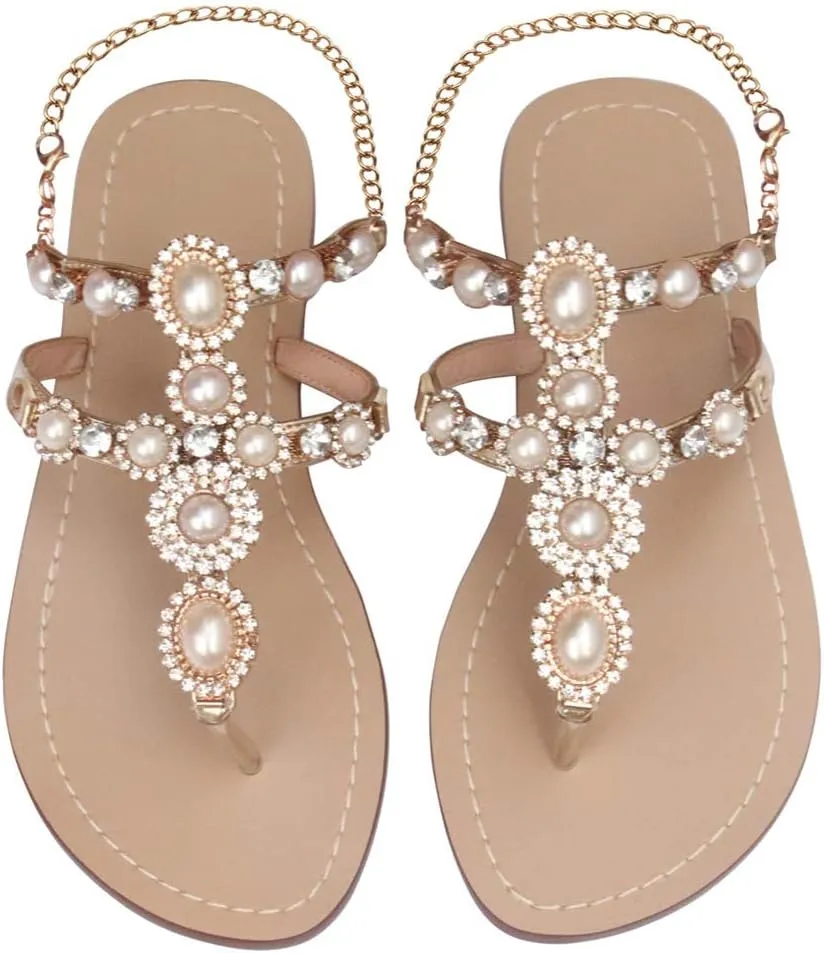Women's Rhinestone Flat Sandals, Women Flip Flops with Clip Toe RingBeadeed Rhinestone Crystal Jeweled Sandal Shoes for Summer Beach Oceanside Holiday Outdoor