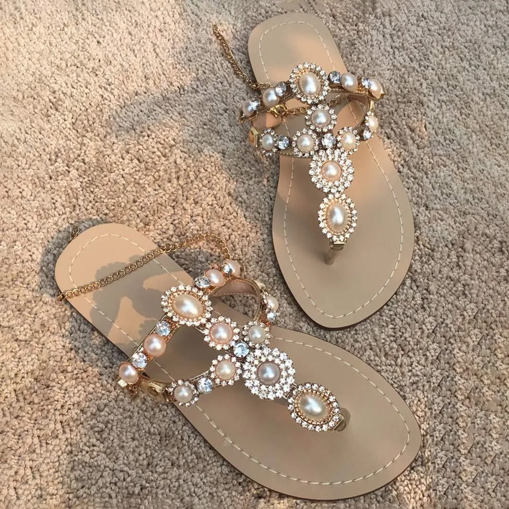 Women's Rhinestone Flat Sandals, Women Flip Flops with Clip Toe RingBeadeed Rhinestone Crystal Jeweled Sandal Shoes for Summer Beach Oceanside Holiday Outdoor
