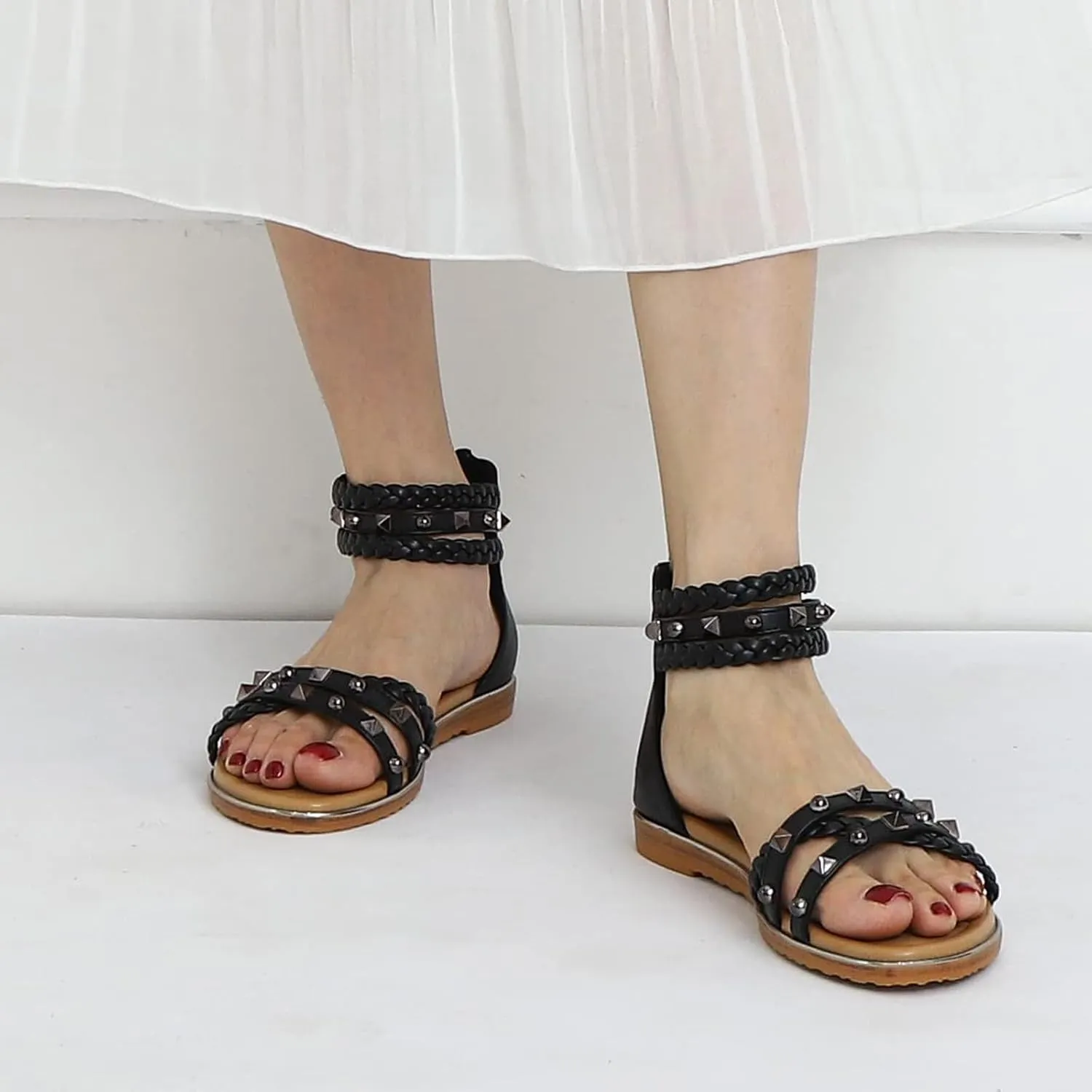 Women's Rivet Strappy Open Toe Flat Sandals,Summer Braid Ankle Strap Beach Flat Gladiator Sandals Fashion Back Zipper Casual Roman Shoes