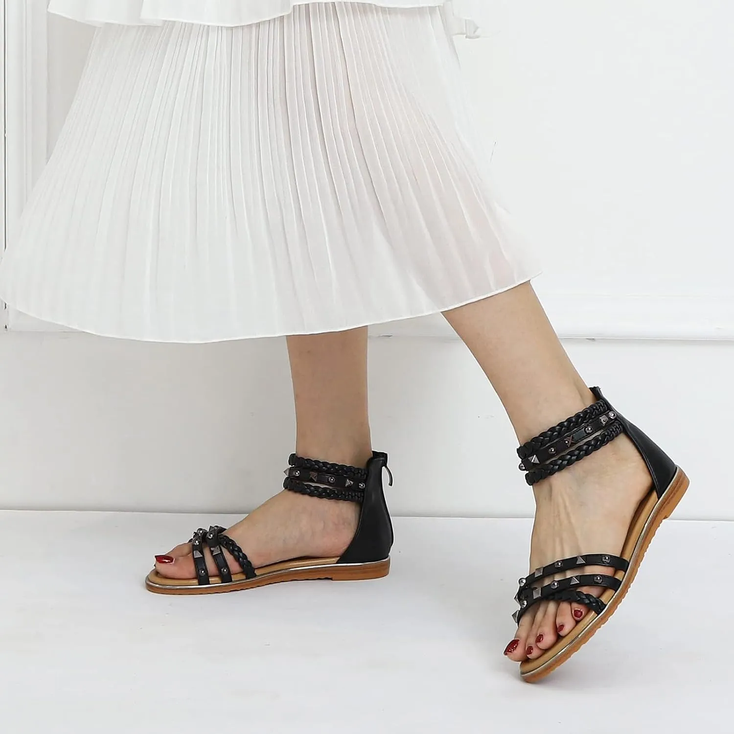 Women's Rivet Strappy Open Toe Flat Sandals,Summer Braid Ankle Strap Beach Flat Gladiator Sandals Fashion Back Zipper Casual Roman Shoes