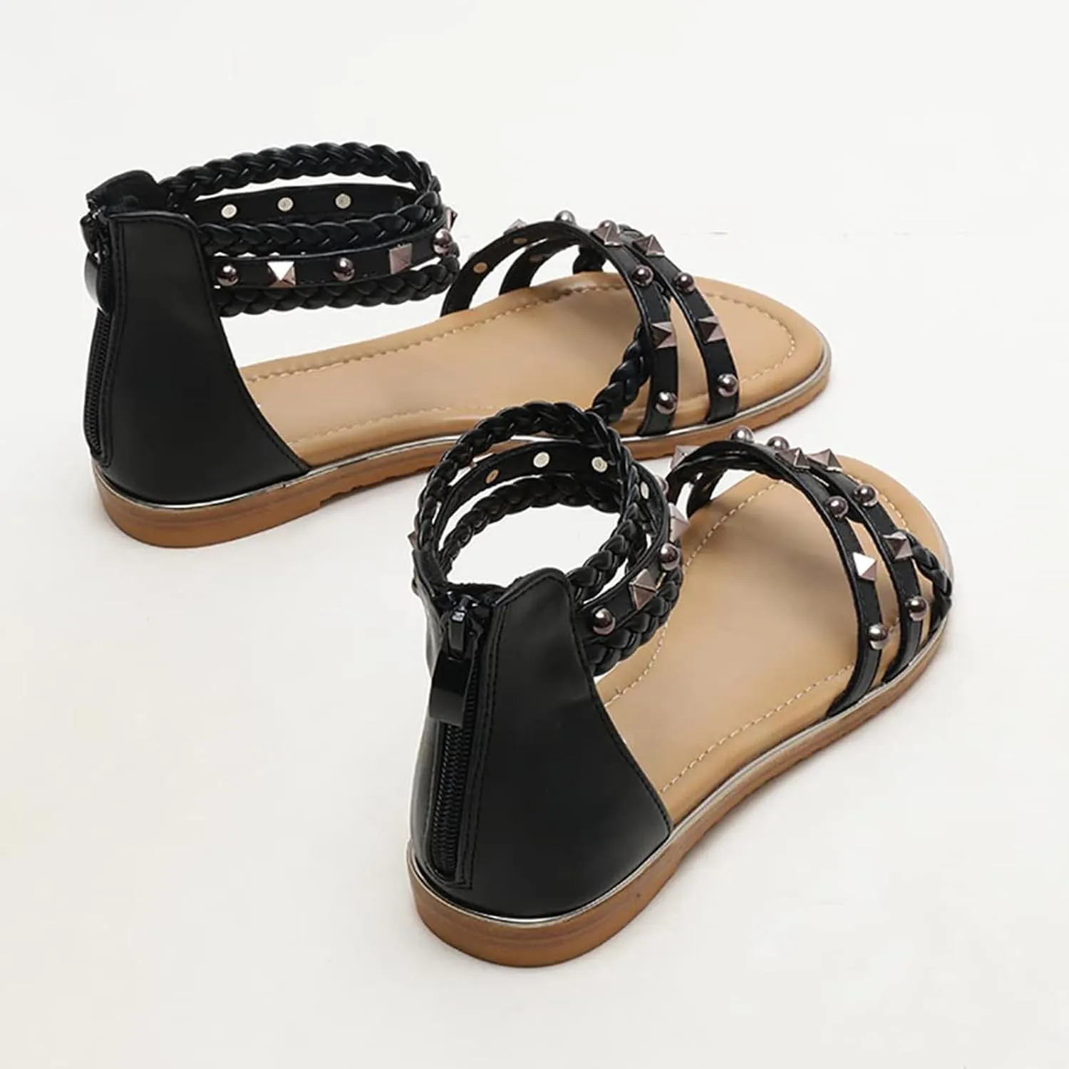 Women's Rivet Strappy Open Toe Flat Sandals,Summer Braid Ankle Strap Beach Flat Gladiator Sandals Fashion Back Zipper Casual Roman Shoes