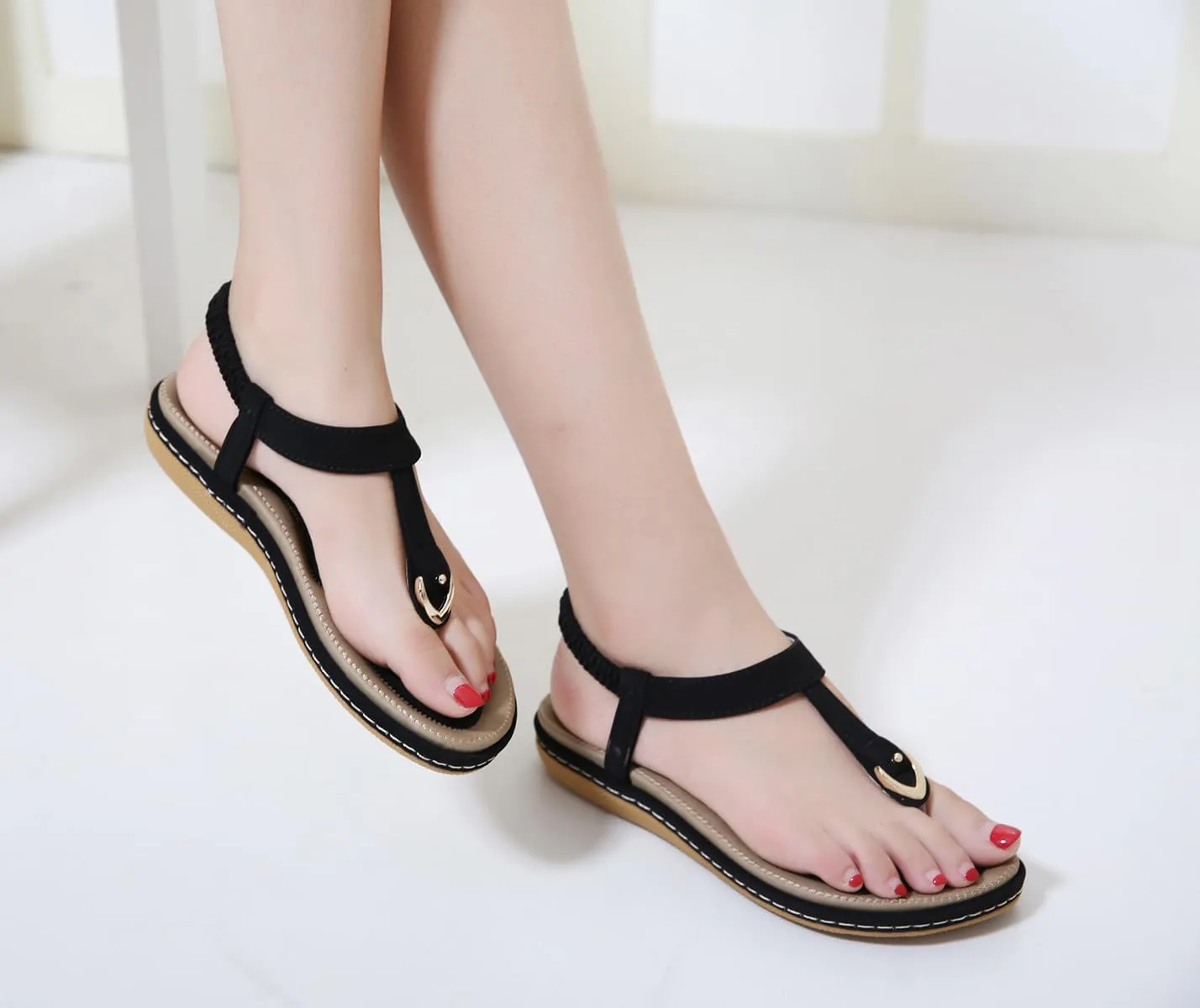 Women's Sandals Bohemia Summer Vintage Beach Flats Beaded Ankle Strappy Sandal Athletic Hiking Sandals Outdoor Walking Sandals