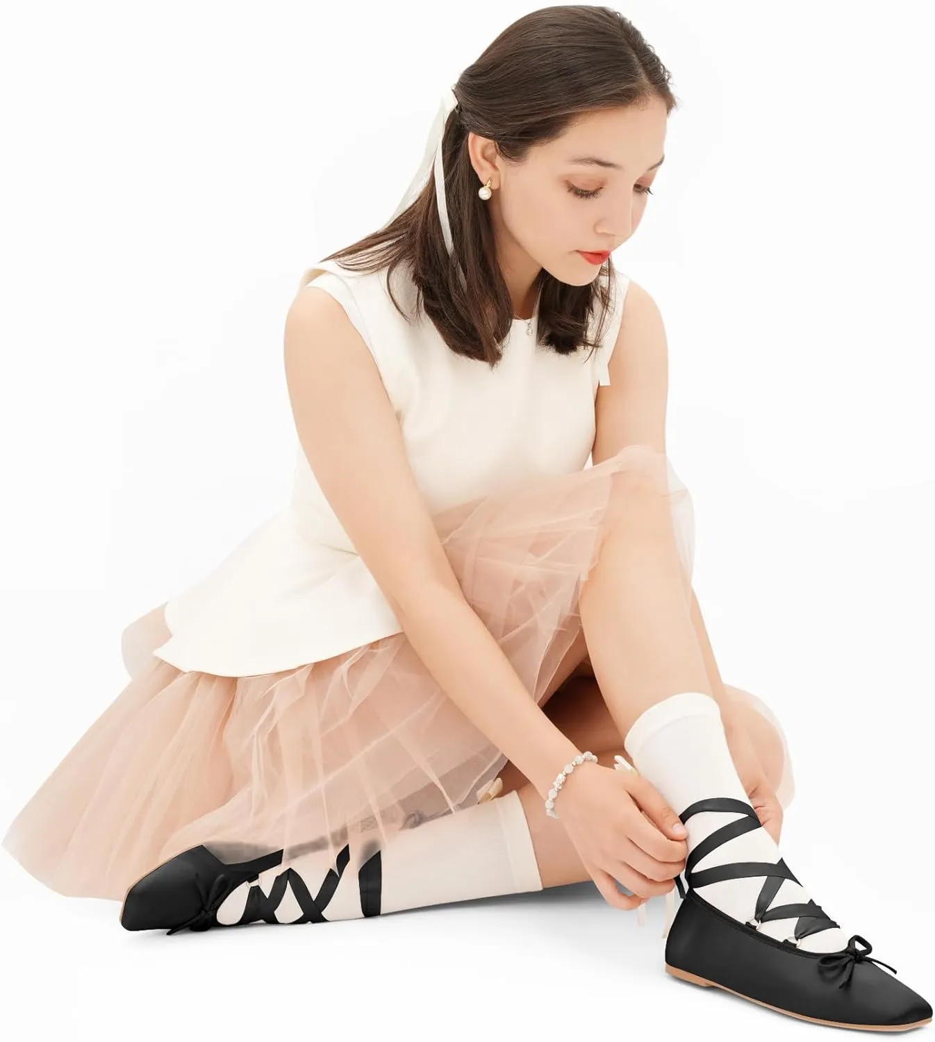 Women's Satin Ballet Flats Light Pink Closed Square Toe Bow Ballerina Slippers Comfy Lace Up Flat Shoes Strappy Mary Janes Cute Elegant Pumps for Ladies Dressy