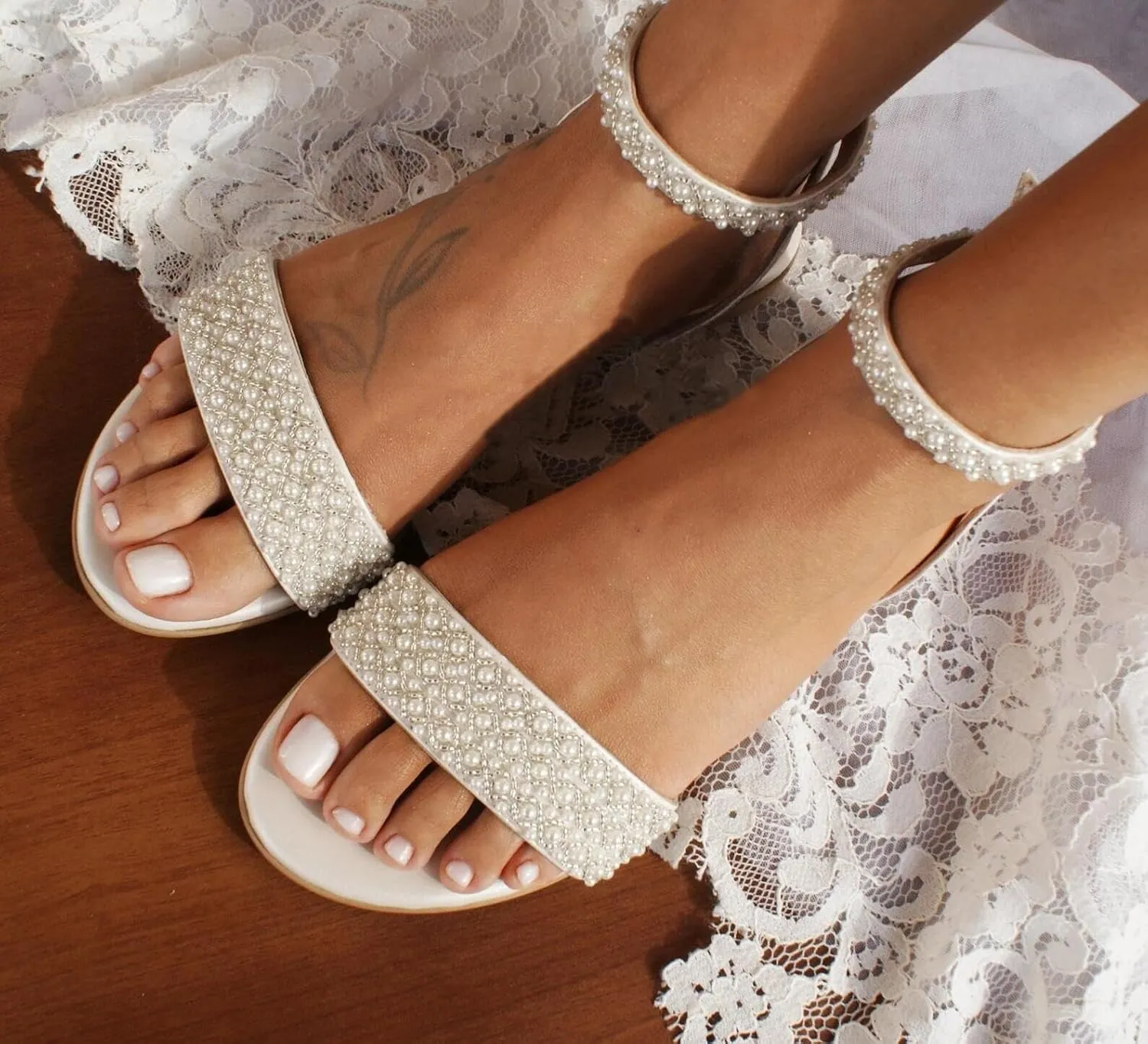 Women's Satin Open Toe Flats Pumps Pearl Ankle Strap Round Toe Sandals for Mary Jane Classic Party Wedding Dress Pump Shoes