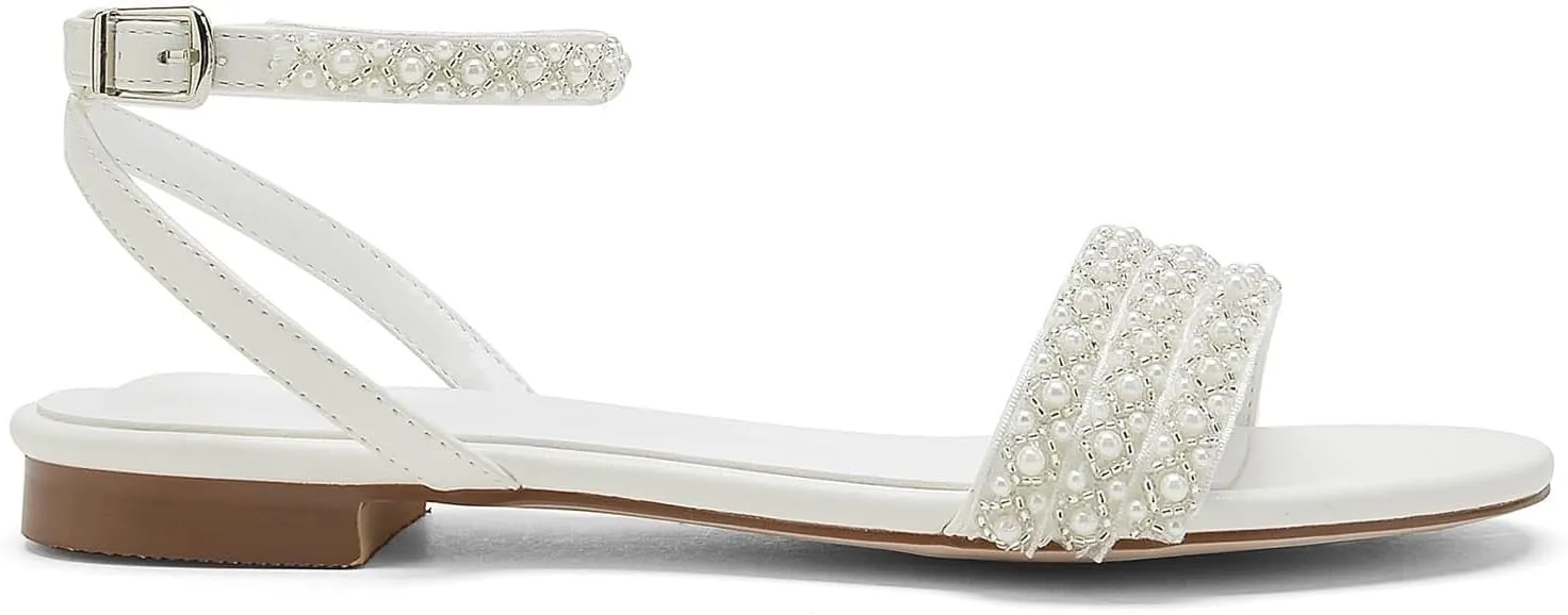 Women's Satin Open Toe Flats Pumps Pearl Ankle Strap Round Toe Sandals for Mary Jane Classic Party Wedding Dress Pump Shoes