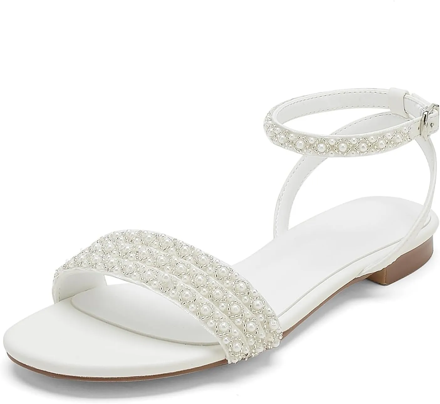 Women's Satin Open Toe Flats Pumps Pearl Ankle Strap Round Toe Sandals for Mary Jane Classic Party Wedding Dress Pump Shoes
