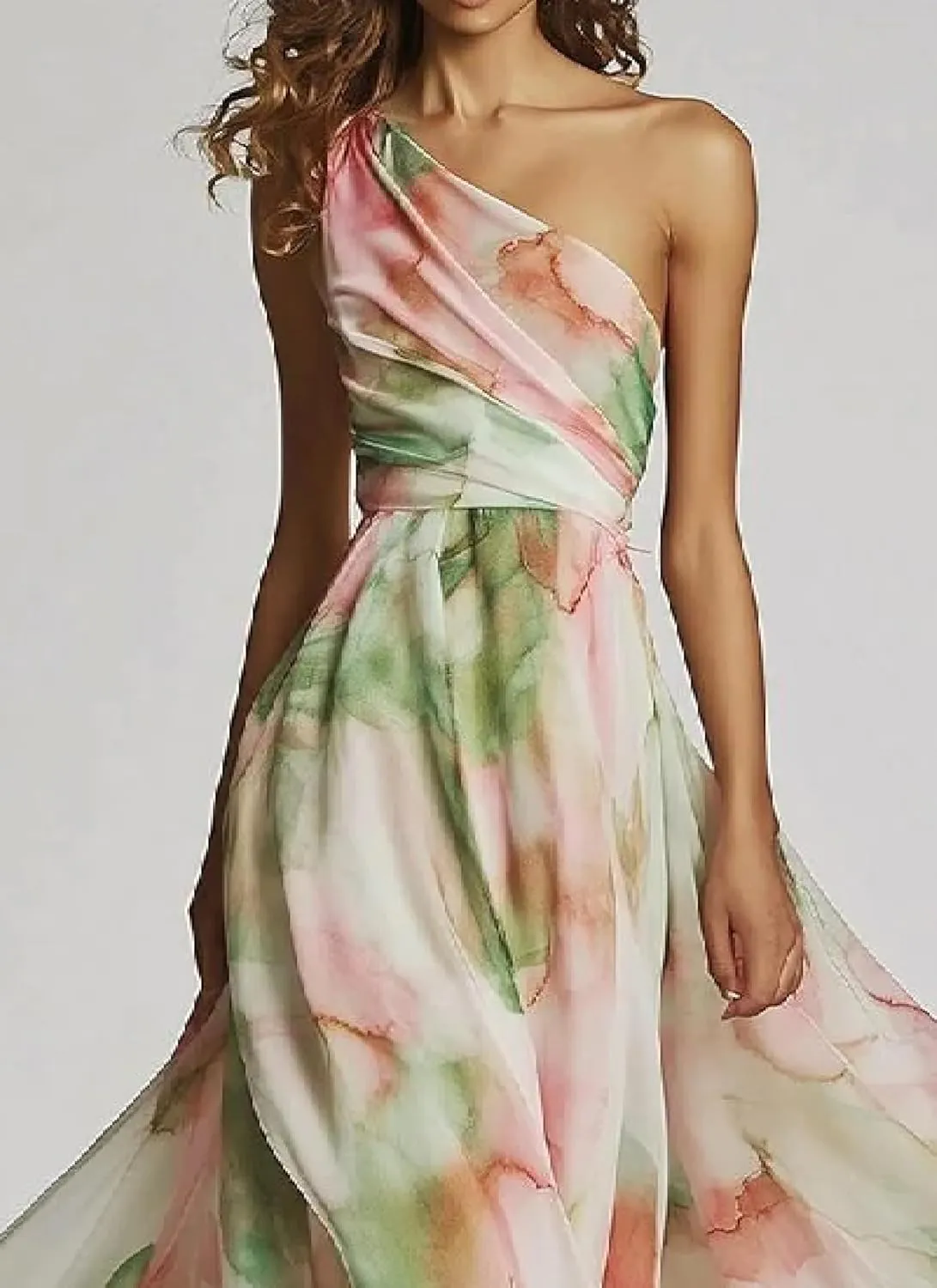 Women's Sexy One Shoulder Sleeveless Dress Summer Beach Watercolor Floral Print Maxi Flowy Dresses Wedding Guest Wear