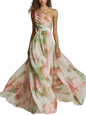 Women's Sexy One Shoulder Sleeveless Dress Summer Beach Watercolor Floral Print Maxi Flowy Dresses Wedding Guest Wear