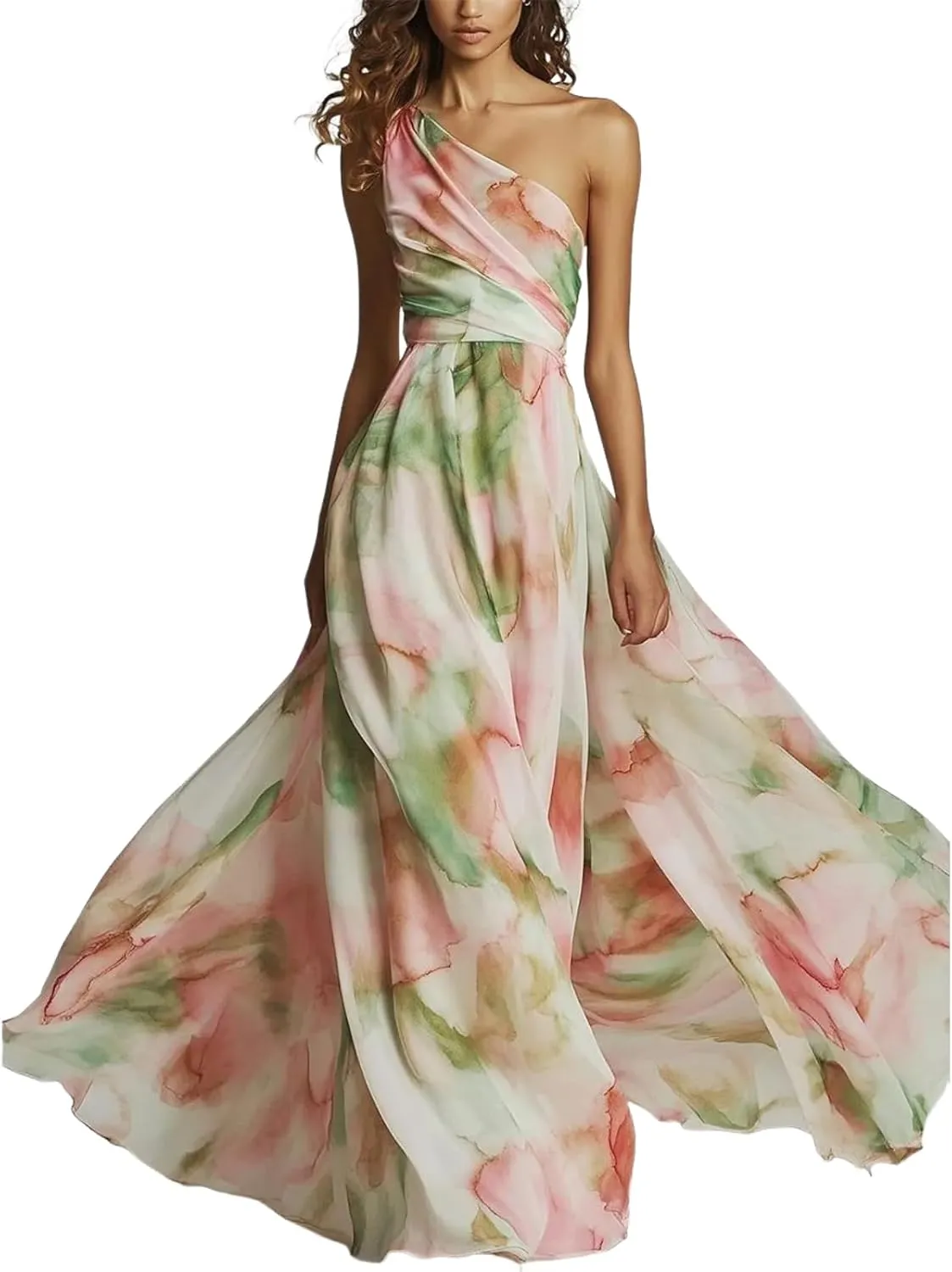 Women's Sexy One Shoulder Sleeveless Dress Summer Beach Watercolor Floral Print Maxi Flowy Dresses Wedding Guest Wear
