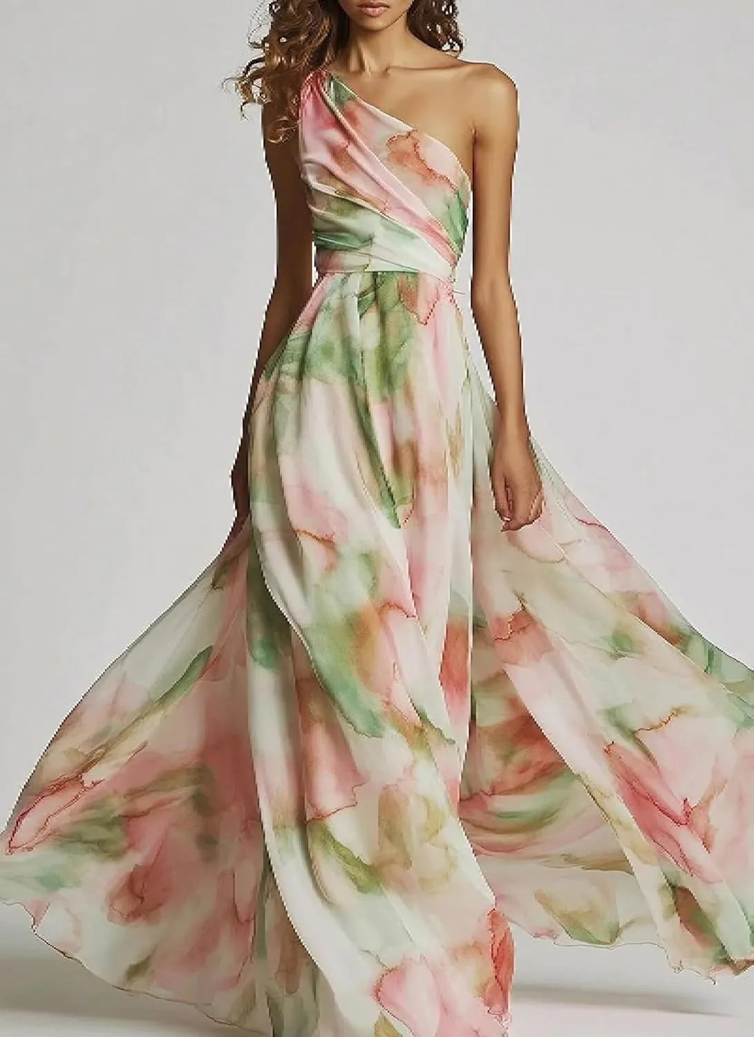 Women's Sexy One Shoulder Sleeveless Dress Summer Beach Watercolor Floral Print Maxi Flowy Dresses Wedding Guest Wear