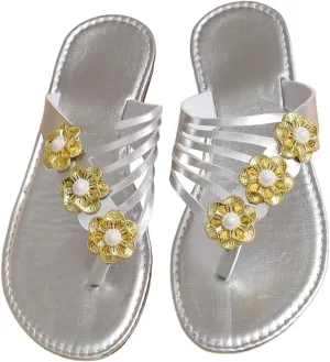 Women's Sparkly Floral Toe Post Flat Sandals Cut Out Summer Strappy Thong Sandals