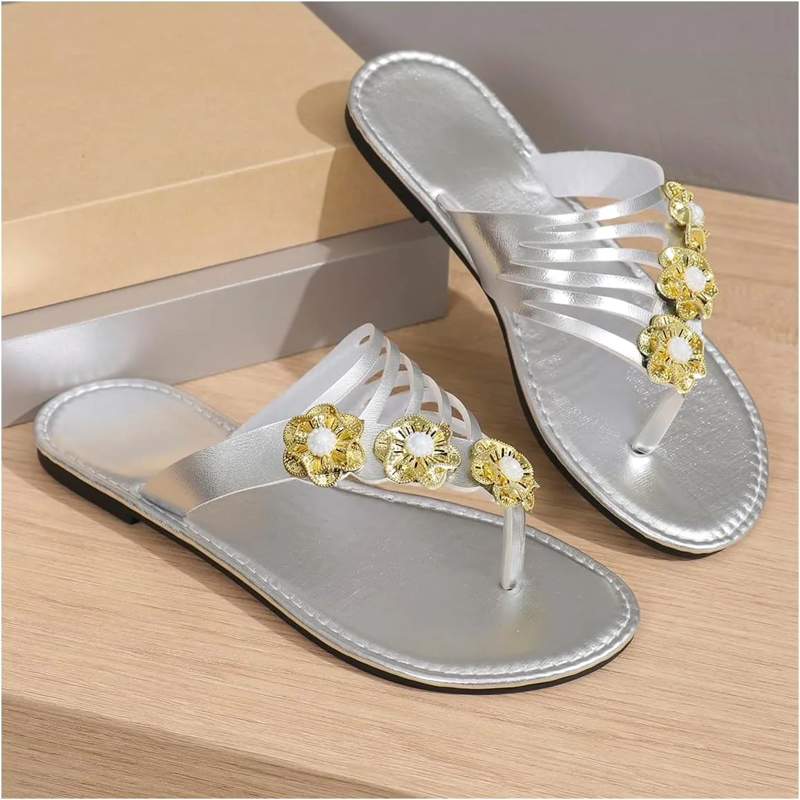 Women's Sparkly Floral Toe Post Flat Sandals Cut Out Summer Strappy Thong Sandals