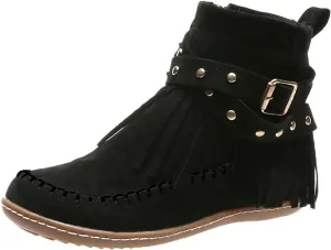 Women's Suede Fringe Boots Moccasins Tassel Cross Studded Strappy Flat Ankle Boots Non-slip Fall Winter (Black, 8)