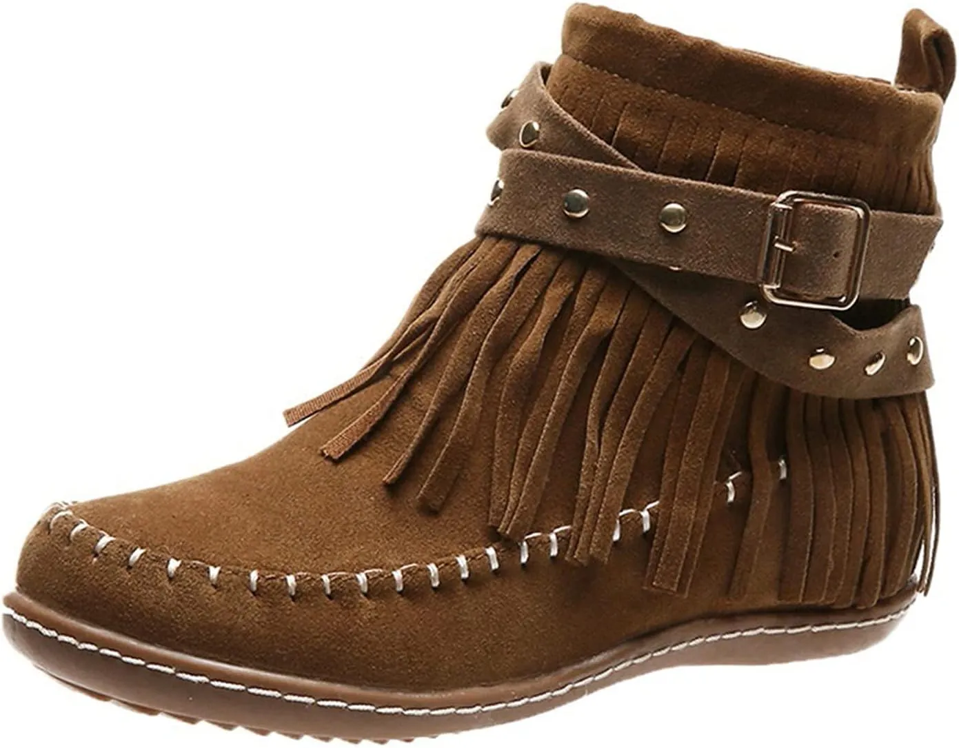 Women's Suede Fringe Boots Moccasins Tassel Cross Studded Strappy Flat Ankle Boots Non-slip Fall Winter (Brown, 9.5)