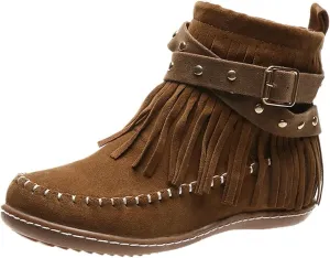 Women's Suede Fringe Boots Moccasins Tassel Cross Studded Strappy Flat Ankle Boots Non-slip Fall Winter (Brown, 9.5)