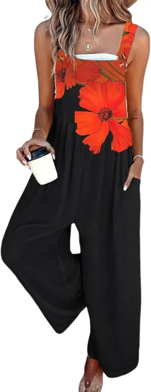 Women's Summer Jumpsuits Casual Beach Fashion Vacation Travel One Piece Outfits Orange Floral Print Sleeveless Rompers