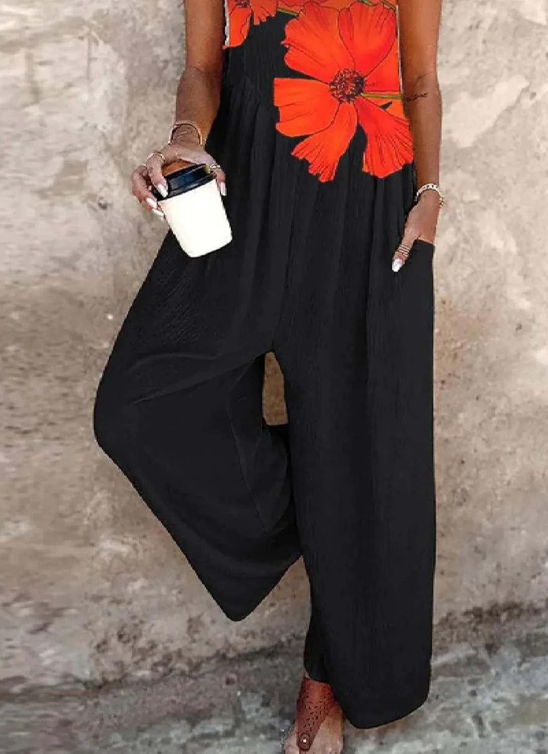Women's Summer Jumpsuits Casual Beach Fashion Vacation Travel One Piece Outfits Orange Floral Print Sleeveless Rompers