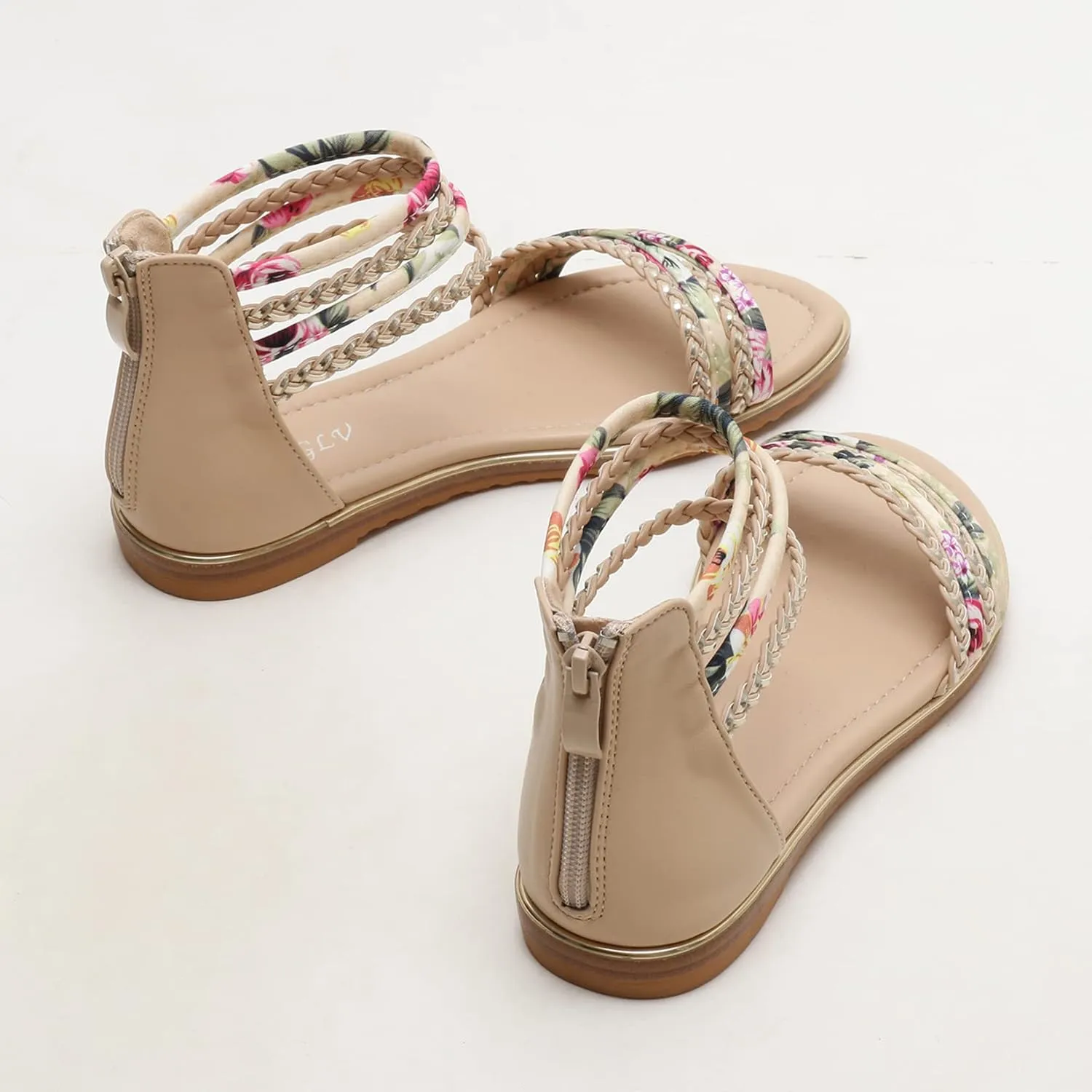 Womens Summer Rhinestone Embellished Flat Braided Shoes Studding Gladiator Sandals with Zipper Closure