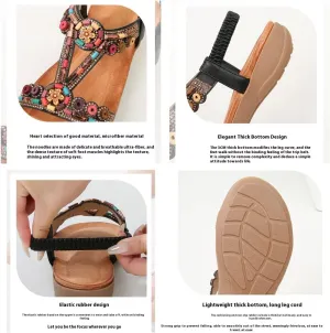 Women's T-Strap Beaded Bohemian Flowers Wood Beads Rhinestone Flat Sandals Dress Beach Shoes