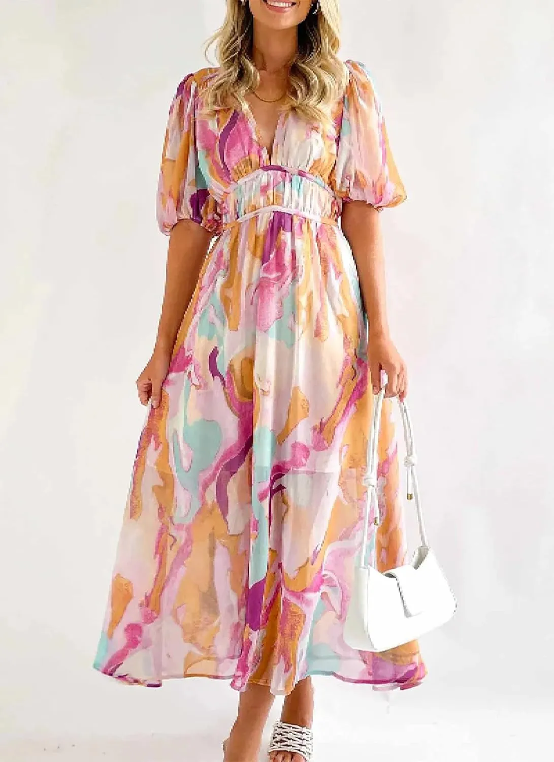 Women's V Neck Puff Short Sleeve Wedding Guest Maxi Dress Pink Watercolor Print Summer Beach Vacation A-Line Dress