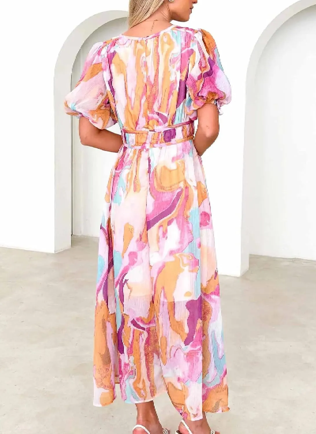 Women's V Neck Puff Short Sleeve Wedding Guest Maxi Dress Pink Watercolor Print Summer Beach Vacation A-Line Dress