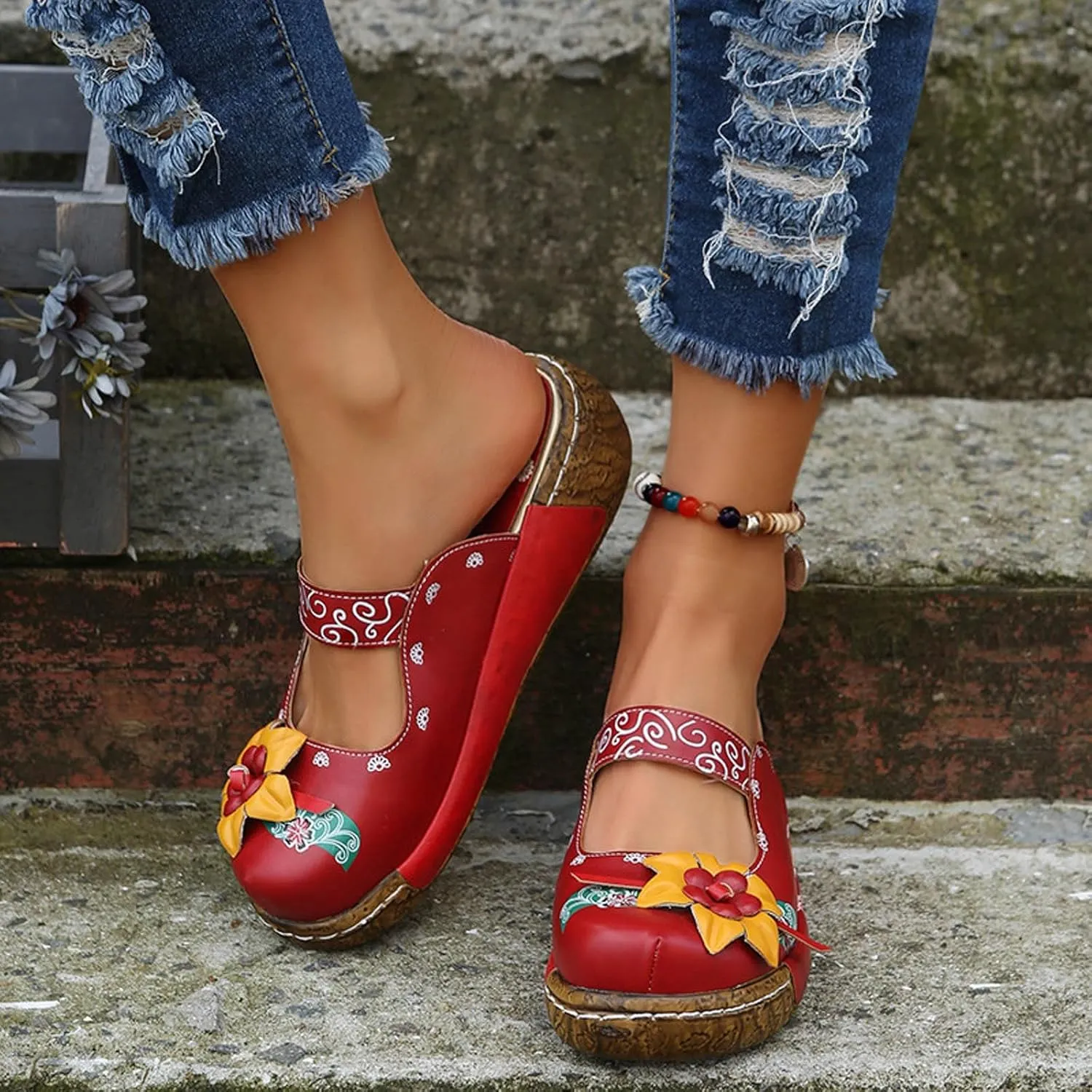 Womens Walking Sandals with Arch Support,Closed Toe Sandals Women Dressy,Handmade Ethnic Style Flower Thick Soled Women's Sandals Lightweight Sandals Casual Anti-Slip Breathable Leather Sandals