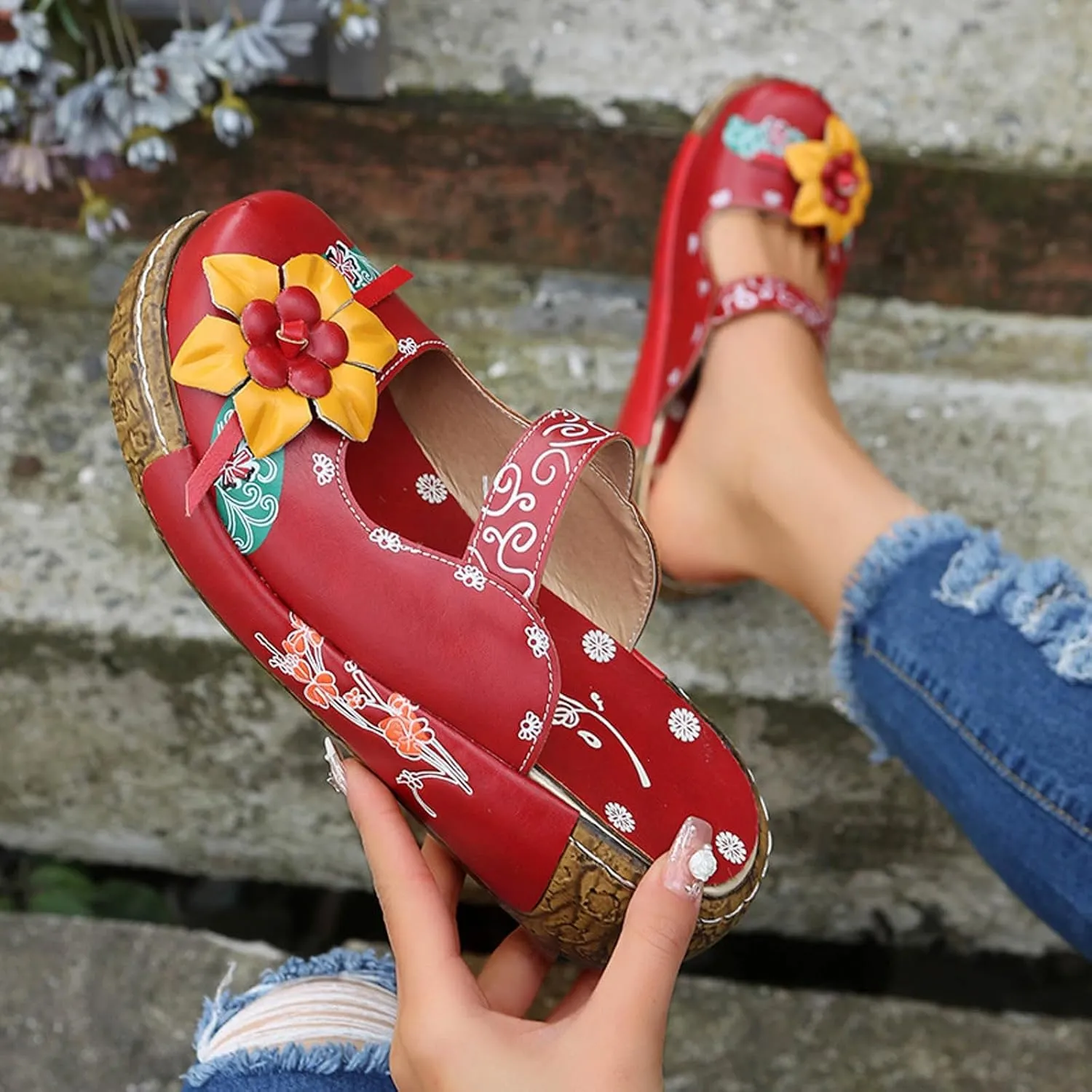 Womens Walking Sandals with Arch Support,Closed Toe Sandals Women Dressy,Handmade Ethnic Style Flower Thick Soled Women's Sandals Lightweight Sandals Casual Anti-Slip Breathable Leather Sandals