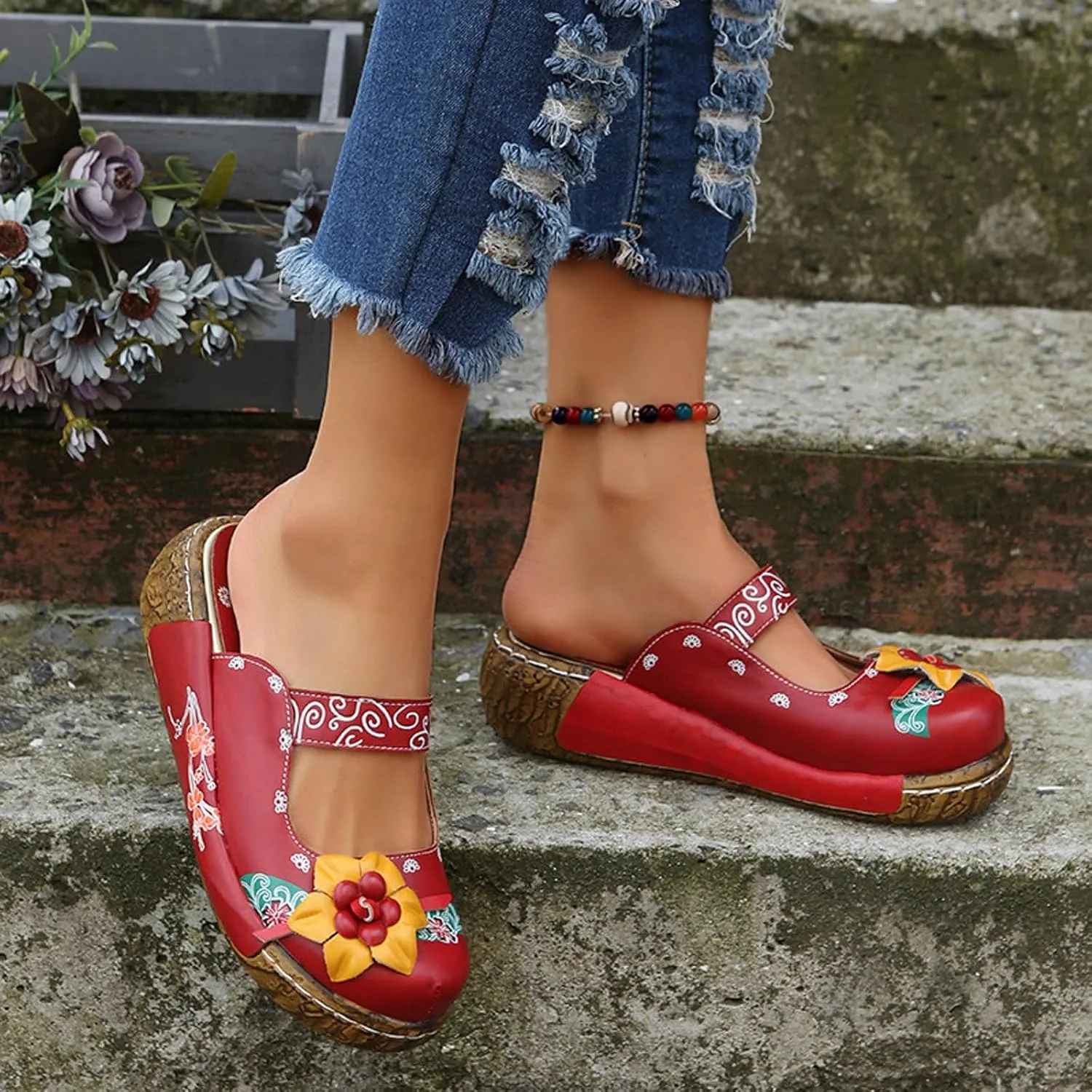 Womens Walking Sandals with Arch Support,Closed Toe Sandals Women Dressy,Handmade Ethnic Style Flower Thick Soled Women's Sandals Lightweight Sandals Casual Anti-Slip Breathable Leather Sandals