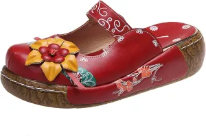 Womens Walking Sandals with Arch Support,Closed Toe Sandals Women Dressy,Handmade Ethnic Style Flower Thick Soled Women's Sandals Lightweight Sandals Casual Anti-Slip Breathable Leather Sandals