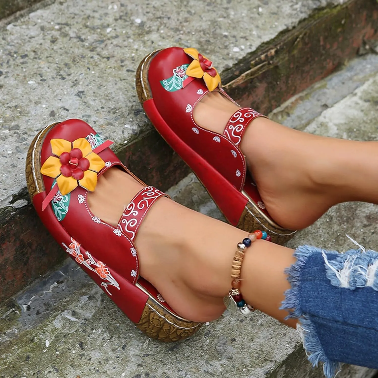 Womens Walking Sandals with Arch Support,Closed Toe Sandals Women Dressy,Handmade Ethnic Style Flower Thick Soled Women's Sandals Lightweight Sandals Casual Anti-Slip Breathable Leather Sandals