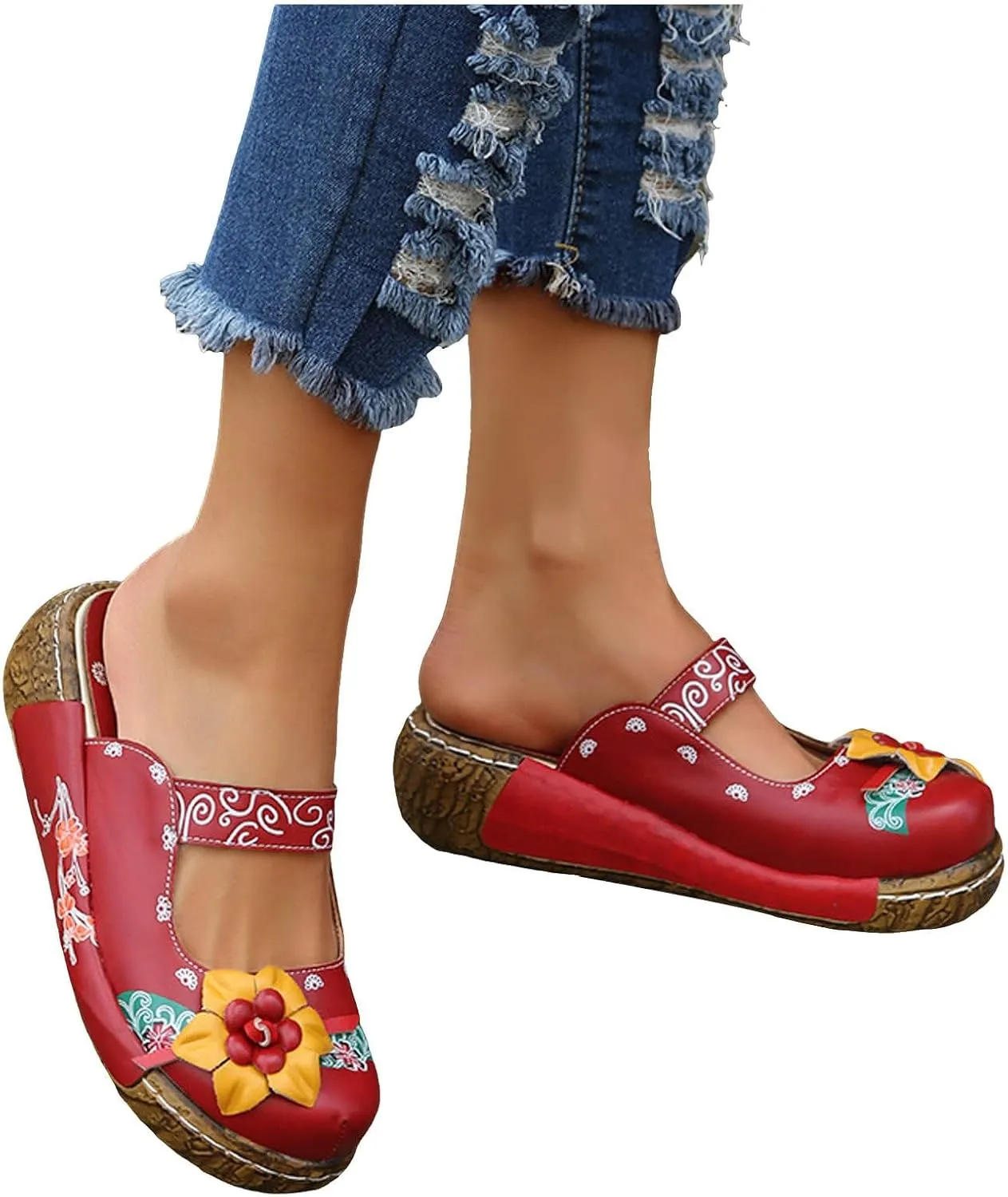 Womens Walking Sandals with Arch Support,Closed Toe Sandals Women Dressy,Handmade Ethnic Style Flower Thick Soled Women's Sandals Lightweight Sandals Casual Anti-Slip Breathable Leather Sandals