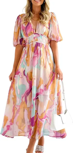 Women's Watercolor Print Casual Summer V Neck Puff Short Sleeve Maxi Dress Flowy Wedding Guest Beach Vacation Sundress