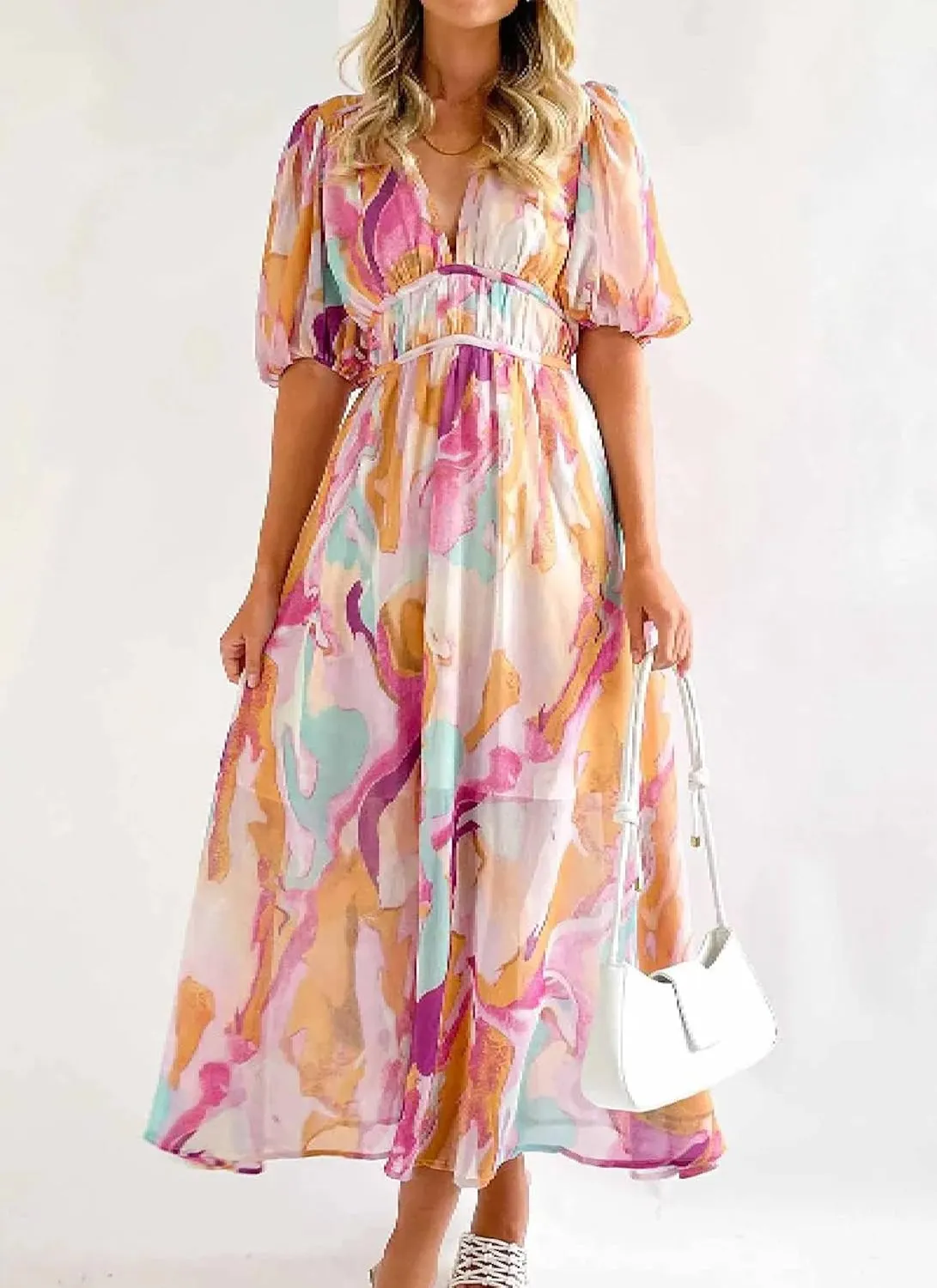 Women's Watercolor Print Casual Summer V Neck Puff Short Sleeve Maxi Dress Flowy Wedding Guest Beach Vacation Sundress