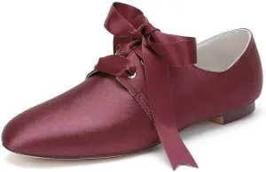 Womens Wedding Shoes Women’s Flat Shoes Round Toe Satin Lace up Low Heels Comfort Dress Shoes Wedding Bridal Pumps Sandals Dark Green(Burgundy,6 UK)