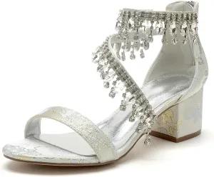 Women's with High Heels Wedding Block Heels Bridal Shoes Ankle Strap Pump Open Toe Bride Sandals Evening Party Dress Floral Fabric Comfortable
