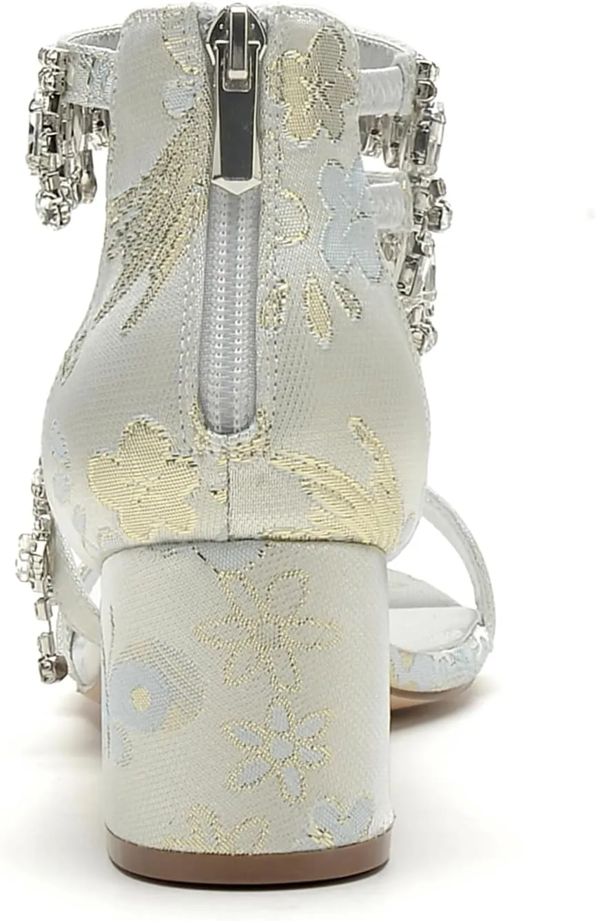 Women's with High Heels Wedding Block Heels Bridal Shoes Ankle Strap Pump Open Toe Bride Sandals Evening Party Dress Floral Fabric Comfortable