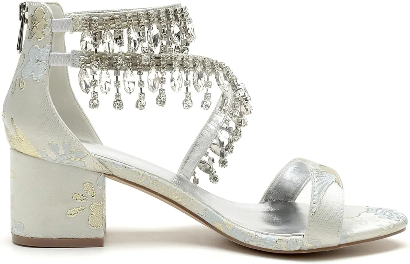 Women's with High Heels Wedding Block Heels Bridal Shoes Ankle Strap Pump Open Toe Bride Sandals Evening Party Dress Floral Fabric Comfortable