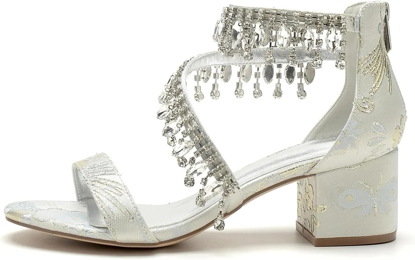 Women's with High Heels Wedding Block Heels Bridal Shoes Ankle Strap Pump Open Toe Bride Sandals Evening Party Dress Floral Fabric Comfortable