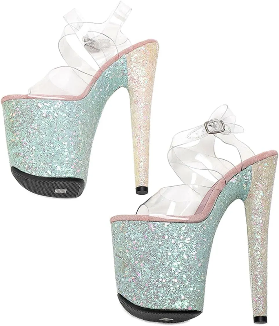 WUXIN H&P Women's Clear Exotic Pole Dance Ankle-Strap Sandal 8 Inch Round Toe Glitter Splice Platform Fashion Model Sexy Stiletto Custom Dress shoes High Heel